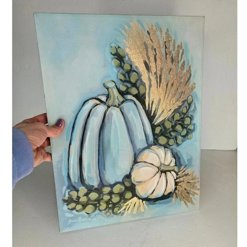 Fall Blue Pumpkin Painted Canvas Wall Art‎ Shabby Chic Signed Sara Baker
